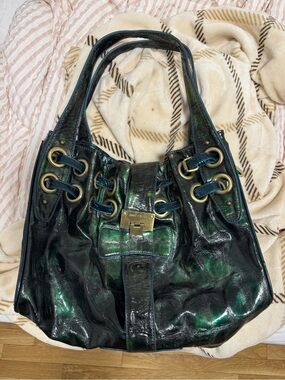 Jimmy choo Green black crocodile Iridescent Patent Leather Shoulder Bag